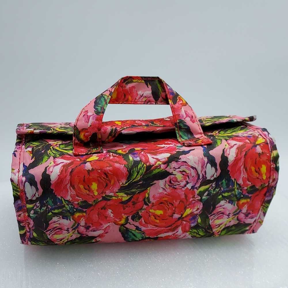 JM New York Travel Cosmetic Bag Pink Floral Black Velvet Pockets